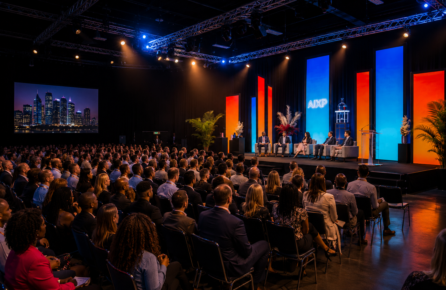 AIXP main stage with packed audience and vibrant LED columns